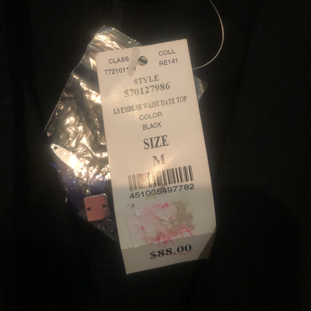 White House Black Market Black Long Sleeve Embellished Waist Blouse - Picture 5 of 9